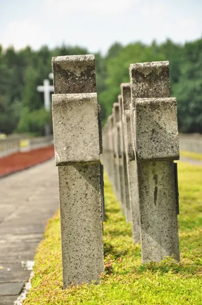 Tarihi mezarlıkta sıra sıra beton haçlar.