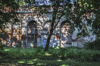 Bu görüntü eski, yıpranmış tuğla bir bina yakalıyor, çürüme ve yıkım belirtileri gösteriyor, ama güneş ışığıyla güzelce aydınlatılıyor. Canlı yeşil ağaçlar arasında dimdik duruyor, insan yapımı kalıntılar ve doğal R 'ler arasında güçlü bir kontrast oluşturuyor.