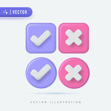 Anket reaksiyon simgesi. Sembolleri işaretle ve çapraz yap. Konuşma baloncuğu azalıyor, işareti kaldır ve onayla, kabul edildi, onaylandı. 3d vektör illüstrasyonu.