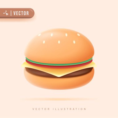 Poster Banner Şablonu için 3D Gerçekçi Burger Vector Illustration. Pastel Arkaplanda Fast Food Design Element.