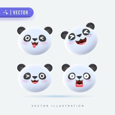 3D Realistic Vector Set Of Cute Cartoon Little Panda Icons with Various Facial Expression Isolated in White Background. Simple and Minimal Panda Cub Face Icon Set