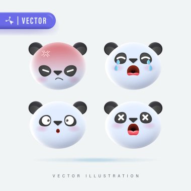 3D Realistic Vector Set Of Cute Cartoon Little Panda Icons with Various Facial Expression Isolated in White Background. Simple and Minimal Panda Cub Face Icon Set