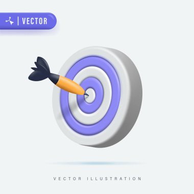 Dart oku hedefin merkezine isabet etti. Ticari finans hedefi, başarı hedefi, hedef başarı konsepti. 3d vektör simgesi. Çizgi film biçimi.