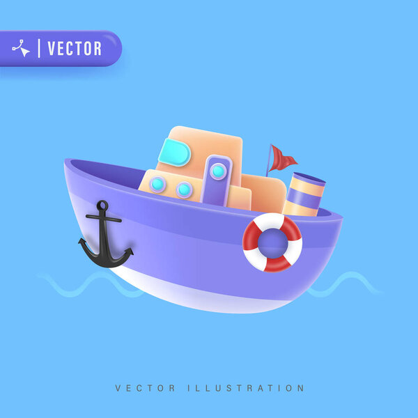 3D Boat vector illustration with anchor and buoy