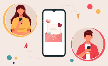 Randevu Uygulaması Düz Tasarım Konsepti, Erkek ve Kadın İletisi Randevu Uygulama Vektörü Resiminde Akıllı Telefon ile Gönderme İletisi