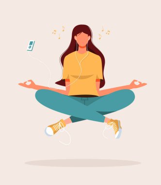 Yoga, meditasyon, rahatlama, dinlenme ve sağlıklı yaşam tarzları için genç kadın tasviri. Çizgi film tarzında vektör illüstrasyonu