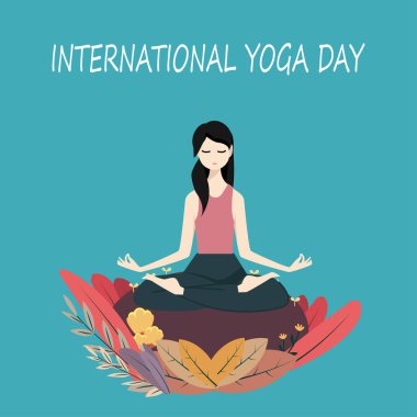 Yoga yapan kadın karakter Vector Illustration, Düz ve Minimalis Design, uluslararası yoga günü poster afişi, kadınlar meditasyon yapıyor ve zihnini ve ruhunu tazeliyor.