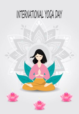 Yoga yapan kadın karakter Vector Illustration, Düz ve Minimalis Design, uluslararası yoga günü poster afişi, kadınlar meditasyon yapıyor ve zihnini ve ruhunu tazeliyor.