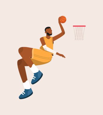 Basketbolcu Net Vector Illustration 'a atlıyor, Afro Man' in Düz Tasarımı Basketbol oynuyor, basketbolcu düz çizili, atlet topa vuruyor çizgi film karakteri.
