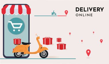 Scooter ve Paket Vector Illustration 'un teslimatı için hazır. Çevrimiçi dağıtım hizmeti kavramı. İniş sayfası, dağıtım sitesi, afiş, arkaplan, uygulama için mükemmel