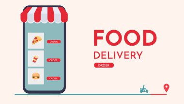 Fast Food Vector Illustration ile Gıda Siparişi ve Teslimatı Çevrimiçi Kavramı. Akıllı telefon uygulamasında internetten yemek sipariş etme şablonu. Fast food ikonları Isometric 'i oluşturdu