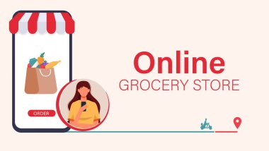 Çevrimiçi Market alışveriş konsepti ve cep telefonu taşıyıcı illüstrasyonu. Sebze ve Meyveli Telefon Konsepti. Market, Çevrimiçi Pazar, ev teslimatı için web sayfası tasarım şablonu.