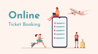 Uçuş biletleri online rezervasyon konsepti. Vektör çizimi. Akıllı telefon ve bilgisayarla bilet almak. İniş sayfası şablonu uçuşunuz için.
