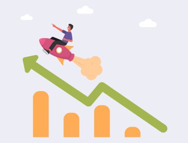 Vektör illüstrasyonu, insanlar sütunlar üzerindeki hedeflerine roket sürerek gidiyorlar, motivasyonu yükseltiyorlar, hedefin başarısına giden yol, bir iş projesi hazırlıyorlar. Kariyerin yükselişi