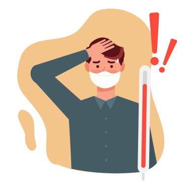 Kızıl ötesi termometreyle kontrol edilen vücut ısısı, ısıyı ölçmek için kızılötesi termometre tutan bir adam, yeni normal, maske takıyor ve ofise girmeden önce vücut ısısını kontrol ediyor.