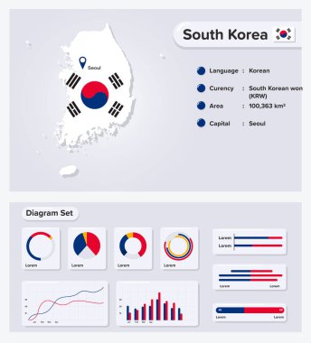 Güney Kore Cumhuriyeti Bilgi Vektörü İllüstrasyonu, Güney Kore İstatistik Veri Elemanı, Bayrak Haritalı Bilgi Kurulu, Güney Kore Diyagram Dizaynlı Bayrak