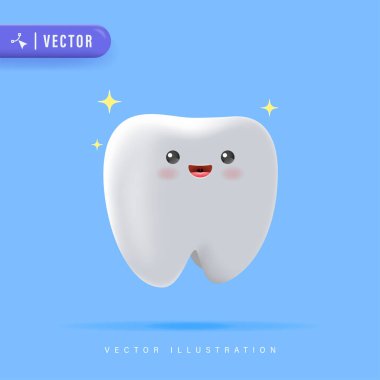 3D gerçekçi mutlu diş vektörü çizimi. Çizgi film karakteri. Şirin dişçi maskotu. Ağız sağlığı ve diş muayenesi. Tıbbi dişçi aracı.