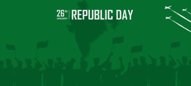 India Republic Day Poster with Silhouette People Raising Indian Flag Vector Illustration. clipart