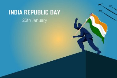 India Republic Day Poster with Silhouette People Raising Indian Flag Vector Illustration. clipart