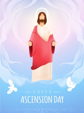Happy Ascension Day Design with Jesus Christ in Heaven Vector Illustration.  Illustration of resurrection Jesus Christ. Sacrifice of Messiah for humanity redemption. 
