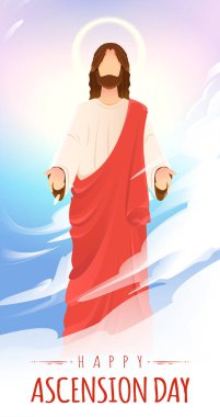 Happy Ascension Day Design with Jesus Christ in Heaven Vector Illustration.  Illustration of resurrection Jesus Christ. Sacrifice of Messiah for humanity redemption. 