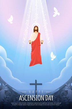 Happy Ascension Day Design with Jesus Christ in Heaven Vector Illustration.  Illustration of resurrection Jesus Christ. Sacrifice of Messiah for humanity redemption. 