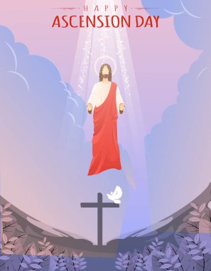 Happy Ascension Day Design with Jesus Christ in Heaven Vector Illustration.  Illustration of resurrection Jesus Christ. Sacrifice of Messiah for humanity redemption. 