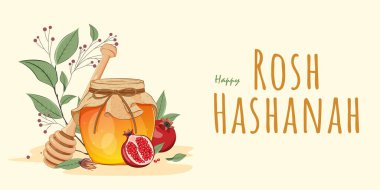 Rosh Hashanah Poster Tasarımı ve içinde bal, elma ve nar var. Yahudi Yeni Yıl Şablonu