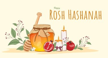 Rosh Hashanah Poster Tasarımı ve içinde bal, elma ve nar var. Yahudi Yeni Yıl Şablonu