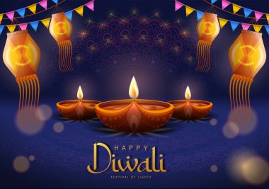 Diya Lamba ve Tavuskuşu Vektör İllüstrasyonlu Mutlu Diwali Posterleri. Hint Işık Festivali Tasarım. Tebrik kartı, bayrak, uçuş, şablon için uygundur. 