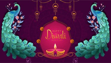 Diya Lamba ve Tavuskuşu Vektör İllüstrasyonlu Mutlu Diwali Posterleri. Hint Işık Festivali Tasarım. Tebrik kartı, bayrak, uçuş, şablon için uygundur. 