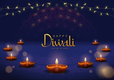 Diya Lamba ve Tavuskuşu Vektör İllüstrasyonlu Mutlu Diwali Posterleri. Hint Işık Festivali Tasarım. Tebrik kartı, bayrak, uçuş, şablon için uygundur. 