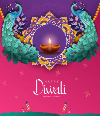 Diya Lamba ve Tavuskuşu Vektör İllüstrasyonlu Mutlu Diwali Posterleri. Hint Işık Festivali Tasarım. Tebrik kartı, bayrak, uçuş, şablon için uygundur. 