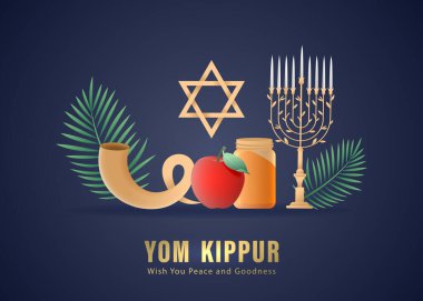 Yom Kippur Şablon Vektörü İllüstrasyonu. Yahudi Tatil Dekoratif Tasarımı Tebrik Kartı, Poster, Afiş, El ilanı. İsrail Musevilik Tatili, kefaret günü