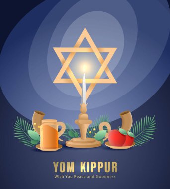 Yom Kippur Şablon Vektörü İllüstrasyonu. Yahudi Tatil Dekoratif Tasarımı Tebrik Kartı, Poster, Afiş, El ilanı. İsrail Musevilik Tatili, kefaret günü