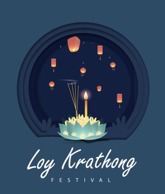 Loy Krathong Festivali Seyahat Tayland Posteri Tasarım Arkaplan Vektörü İllüstrasyonu. Tayland 'da Chao Phraya Nehri Kutsal Yeri.