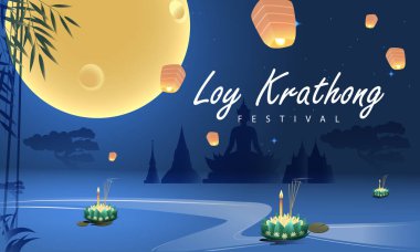 Loy Krathong Festivali Seyahat Tayland Posteri Tasarım Arkaplan Vektörü İllüstrasyonu. Tayland 'da Chao Phraya Nehri Kutsal Yeri.