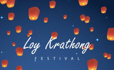 Loy Krathong Festivali Seyahat Tayland Posteri Tasarım Arkaplan Vektörü İllüstrasyonu. Tayland 'da Chao Phraya Nehri Kutsal Yeri.