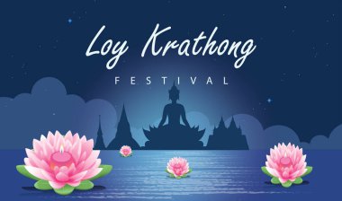 Loy Krathong Festivali Seyahat Tayland Posteri Tasarım Arkaplan Vektörü İllüstrasyonu. Tayland 'da Chao Phraya Nehri Kutsal Yeri.