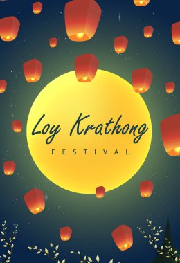 Loy Krathong Festivali Seyahat Tayland Posteri Tasarım Arkaplan Vektörü İllüstrasyonu. Tayland 'da Chao Phraya Nehri Kutsal Yeri.