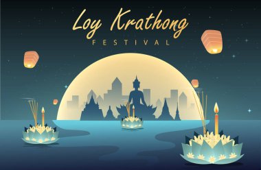 Loy Krathong Festivali Seyahat Tayland Posteri Tasarım Arkaplan Vektörü İllüstrasyonu. Tayland 'da Chao Phraya Nehri Kutsal Yeri.