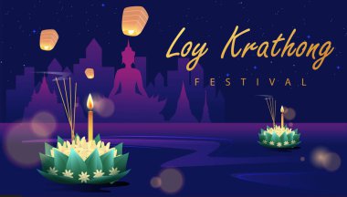 Loy Krathong Festivali Seyahat Tayland Posteri Tasarım Arkaplan Vektörü İllüstrasyonu. Tayland 'da Chao Phraya Nehri Kutsal Yeri.