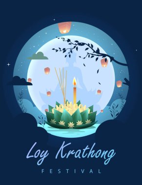 Loy Krathong Festivali Seyahat Tayland Posteri Tasarım Arkaplan Vektörü İllüstrasyonu. Tayland 'da Chao Phraya Nehri Kutsal Yeri.