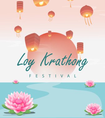 Loy Krathong Festivali Seyahat Tayland Posteri Tasarım Arkaplan Vektörü İllüstrasyonu. Tayland 'da Chao Phraya Nehri Kutsal Yeri.