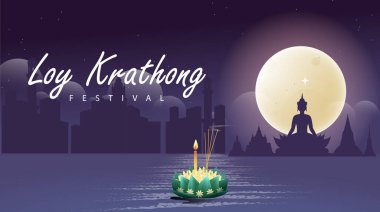 Loy Krathong Festivali Seyahat Tayland Posteri Tasarım Arkaplan Vektörü İllüstrasyonu. Tayland 'da Chao Phraya Nehri Kutsal Yeri.