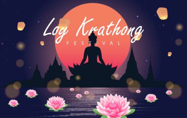 Loy Krathong Festivali Seyahat Tayland Posteri Tasarım Arkaplan Vektörü İllüstrasyonu. Tayland 'da Chao Phraya Nehri Kutsal Yeri.