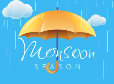 3D Gerçekçi Şemsiye Vektör İllüstrasyonlu Muson Sezonu İndirimi. Poster, Bayrak, Flyer, Web Başlığı ve Reklam Sayfası Tasarımı İçin Uygun.