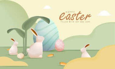 Happy Easter Day Design with Realistic Eggs and Cute Bunny in Pastel Color Background. Banner, web poster, flyer cover, stylish brochure, greeting card. Vector Illustration