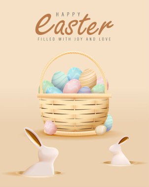 Happy Easter Day Design with Realistic Eggs and Cute Bunny in Pastel Color Background. Banner, web poster, flyer cover, stylish brochure, greeting card. Vector Illustration