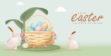 Happy Easter Day Design with Realistic Eggs and Cute Bunny in Pastel Color Background. Banner, web poster, flyer cover, stylish brochure, greeting card. Vector Illustration